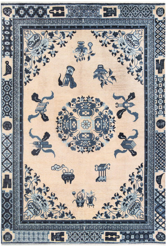 Ivory and Blue 6' 1 x 9' Boutique Rectangle Area Rug Chenille Polyester Cotton Traditional Oriental Inspired Classical Carpet for Living Rooms Dining Office Space Interior Design for Sale at Rug Engine