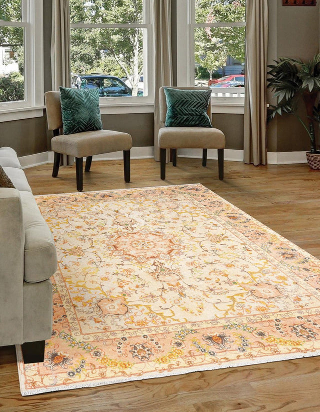 Ivory and Gold 5' 1 x 7' 10 Boutique Rectangle Area Rug Chenille Polyester Cotton Traditional Oriental Inspired Classical Carpet for Living Rooms Dining Office Space Interior Design for Sale at Rug Engine
