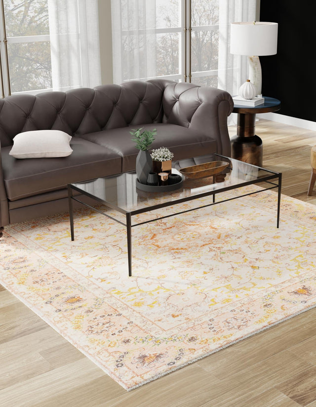 Ivory and Gold 5' 1 x 5' 1 Boutique Square Area Rug Chenille Polyester Cotton Traditional Oriental Inspired Classical Carpet for Living Rooms Dining Office Space Interior Design for Sale at Rug Engine