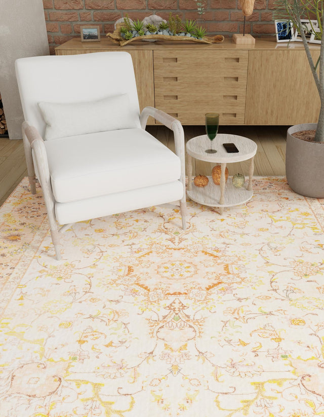 Ivory and Gold 7' 9 x 7' 9 Boutique Square Area Rug Chenille Polyester Cotton Traditional Oriental Inspired Classical Carpet for Living Rooms Dining Office Space Interior Design for Sale at Rug Engine
