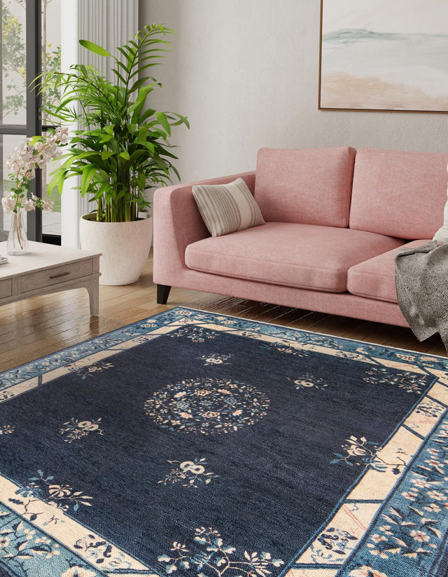 Navy Blue 5' 1 x 5' 1 Boutique Square Area Rug Chenille Polyester Cotton Traditional Oriental Inspired Classical Carpet for Living Rooms Dining Office Space Interior Design for Sale at Rug Engine