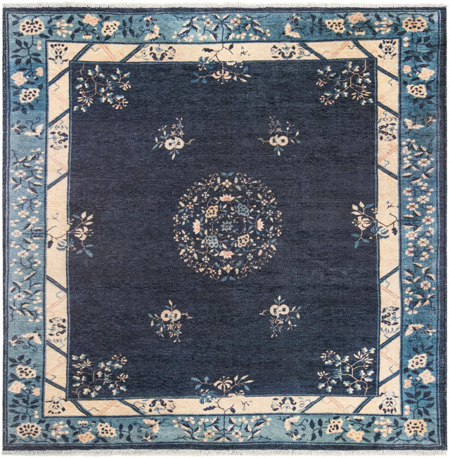 Navy Blue 5' 1 x 5' 1 Boutique Square Area Rug Chenille Polyester Cotton Traditional Oriental Inspired Classical Carpet for Living Rooms Dining Office Space Interior Design for Sale at Rug Engine