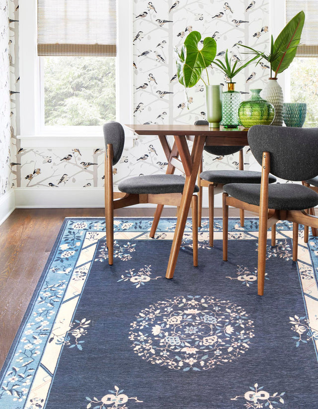 Navy Blue 3' 11 x 5' 11 Boutique Rectangle Area Rug Chenille Polyester Cotton Traditional Oriental Inspired Classical Carpet for Living Rooms Dining Office Space Interior Design for Sale at Rug Engine