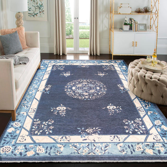 Navy Blue 6' 1 x 9' Boutique Rectangle Area Rug Chenille Polyester Cotton Traditional Oriental Inspired Classical Carpet for Living Rooms Dining Office Space Interior Design for Sale at Rug Engine