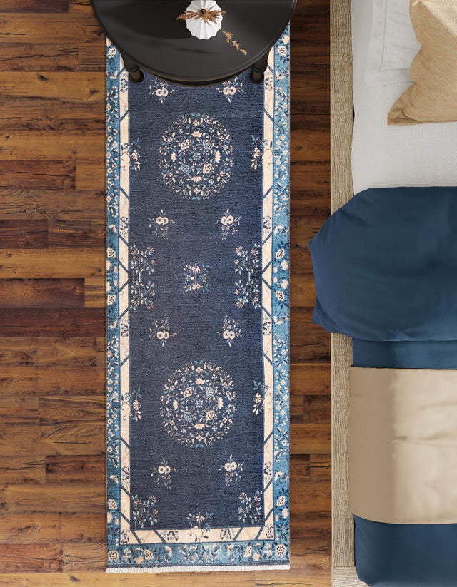 Navy Blue 2' x 8' Boutique Runner Area Rug Chenille Polyester Cotton Traditional Oriental Inspired Classical Carpet for Living Rooms Dining Office Space Interior Design for Sale at Rug Engine
