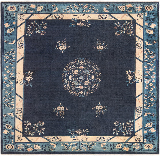 Navy Blue 7' 9 x 7' 9 Boutique Square Area Rug Chenille Polyester Cotton Traditional Oriental Inspired Classical Carpet for Living Rooms Dining Office Space Interior Design for Sale at Rug Engine