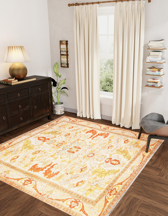 Beige 7' 9 x 7' 9 Boutique Square Area Rug Chenille Polyester Cotton Traditional Oriental Inspired Classical Carpet for Living Rooms Dining Office Space Interior Design for Sale at Rug Engine
