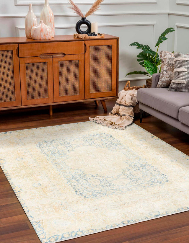 Blue and Ivory 6' 1 x 9' Boutique Rectangle Area Rug Chenille Polyester Cotton Traditional Oriental Inspired Classical Carpet for Living Rooms Dining Office Space Interior Design for Sale at Rug Engine