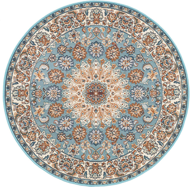 Blue 3' 3 x 3' 3 Outdoor Traditional Round Area Rug Weather Resistant for Patio, Deck, Terrace, Balcony, Porch Classical Design Outside Carpet for Sale at Rug Engine