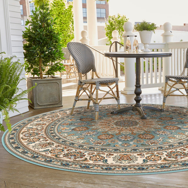 Blue 10' x 10' Outdoor Traditional Round Area Rug Weather Resistant for Patio, Deck, Terrace, Balcony, Porch Classical Design Outside Carpet for Sale at Rug Engine