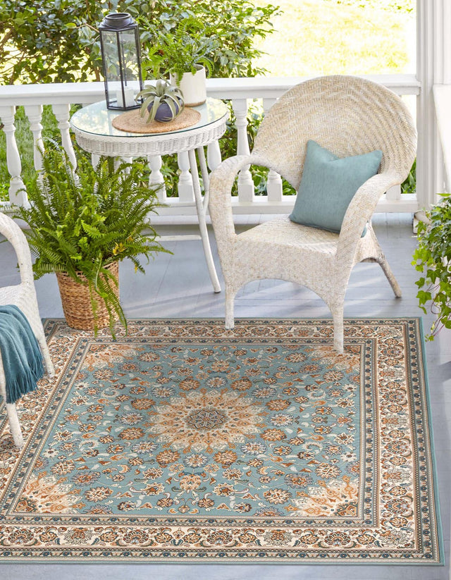 Blue 10' x 10' Outdoor Traditional Square Area Rug Weather Resistant for Patio, Deck, Terrace, Balcony, Porch Classical Design Outside Carpet for Sale at Rug Engine