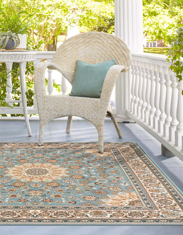 Blue 10' x 10' Outdoor Traditional Square Area Rug Weather Resistant for Patio, Deck, Terrace, Balcony, Porch Classical Design Outside Carpet for Sale at Rug Engine