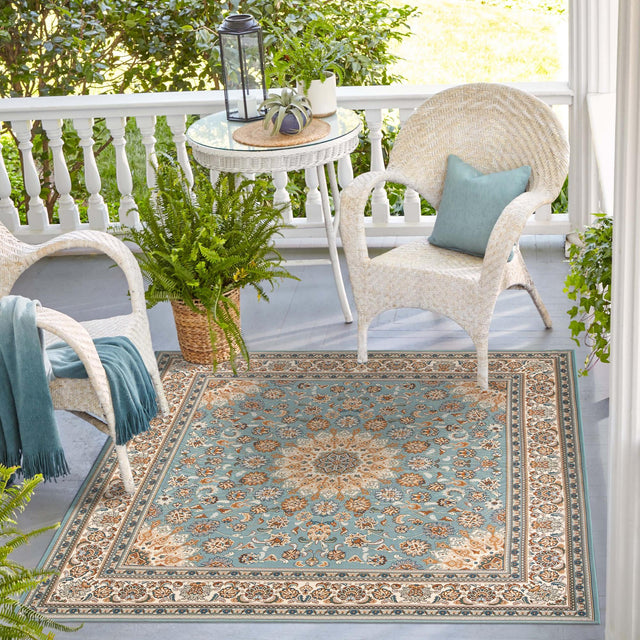 Blue 10' x 10' Outdoor Traditional Square Area Rug Weather Resistant for Patio, Deck, Terrace, Balcony, Porch Classical Design Outside Carpet for Sale at Rug Engine