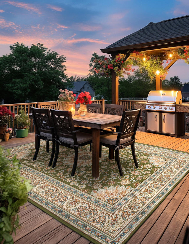Green 9' x 12' Outdoor Traditional Rectangle Area Rug Weather Resistant for Patio, Deck, Terrace, Balcony, Porch Classical Design Outside Carpet for Sale at Rug Engine
