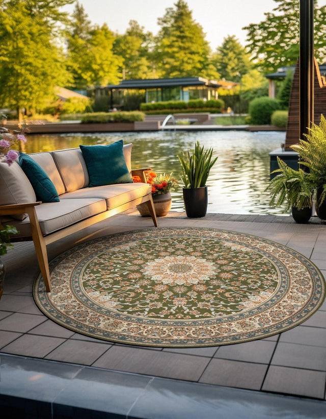 Green 4' 1 x 4' 1 Outdoor Traditional Round Area Rug Weather Resistant for Patio, Deck, Terrace, Balcony, Porch Classical Design Outside Carpet for Sale at Rug Engine