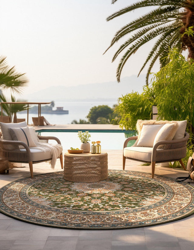 Green 3' 3 x 3' 3 Outdoor Traditional Round Area Rug Weather Resistant for Patio, Deck, Terrace, Balcony, Porch Classical Design Outside Carpet for Sale at Rug Engine