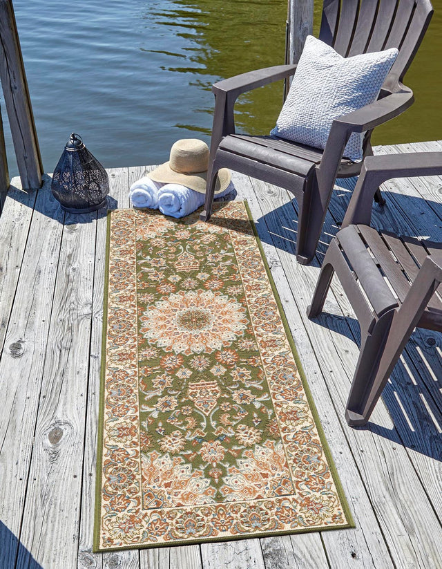 Green 2' x 8' Outdoor Traditional Runner Area Rug Weather Resistant for Patio, Deck, Terrace, Balcony, Porch Classical Design Outside Carpet for Sale at Rug Engine