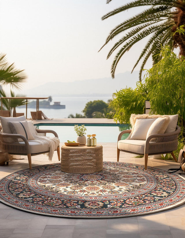 Ivory 6' 1 x 6' 1 Outdoor Traditional Round Area Rug Weather Resistant for Patio, Deck, Terrace, Balcony, Porch Classical Design Outside Carpet for Sale at Rug Engine