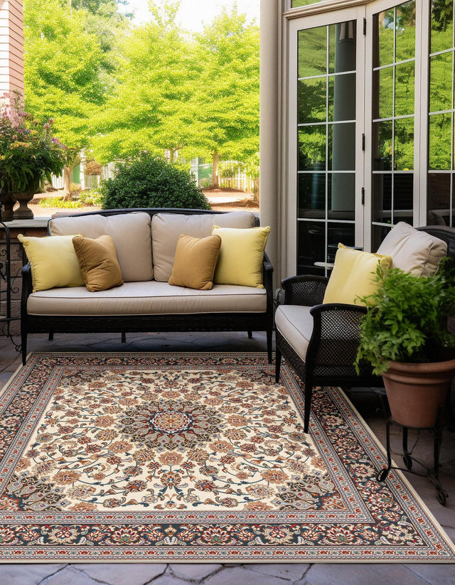 Ivory 10' x 10' Outdoor Traditional Square Area Rug Weather Resistant for Patio, Deck, Terrace, Balcony, Porch Classical Design Outside Carpet for Sale at Rug Engine