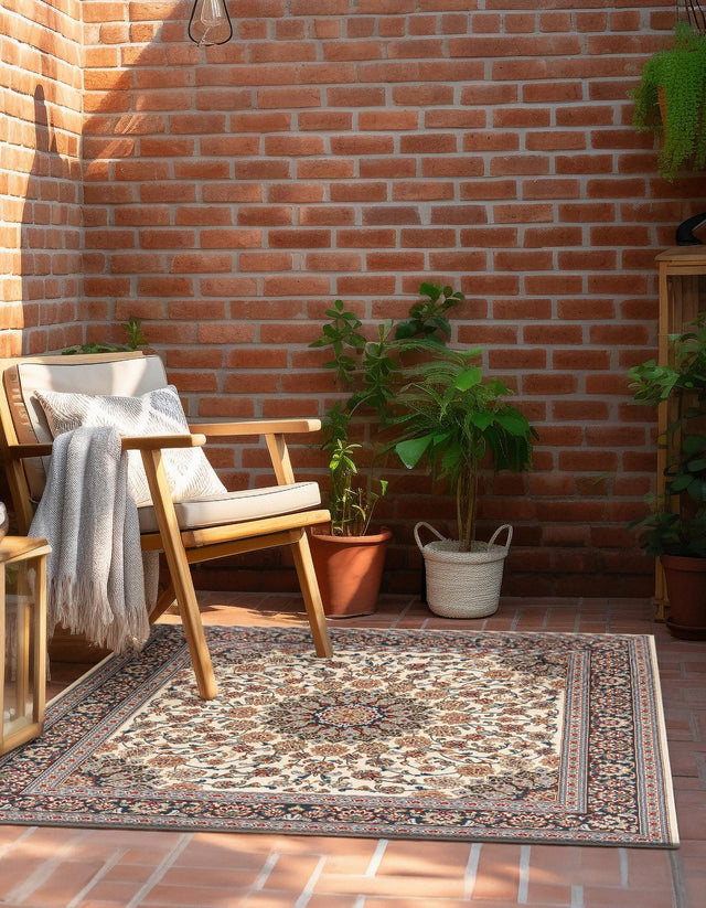 Ivory 10' x 10' Outdoor Traditional Square Area Rug Weather Resistant for Patio, Deck, Terrace, Balcony, Porch Classical Design Outside Carpet for Sale at Rug Engine