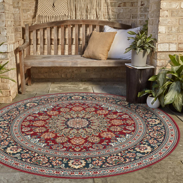 Red 3' 3 x 3' 3 Outdoor Traditional Round Area Rug Weather Resistant for Patio, Deck, Terrace, Balcony, Porch Classical Design Outside Carpet for Sale at Rug Engine