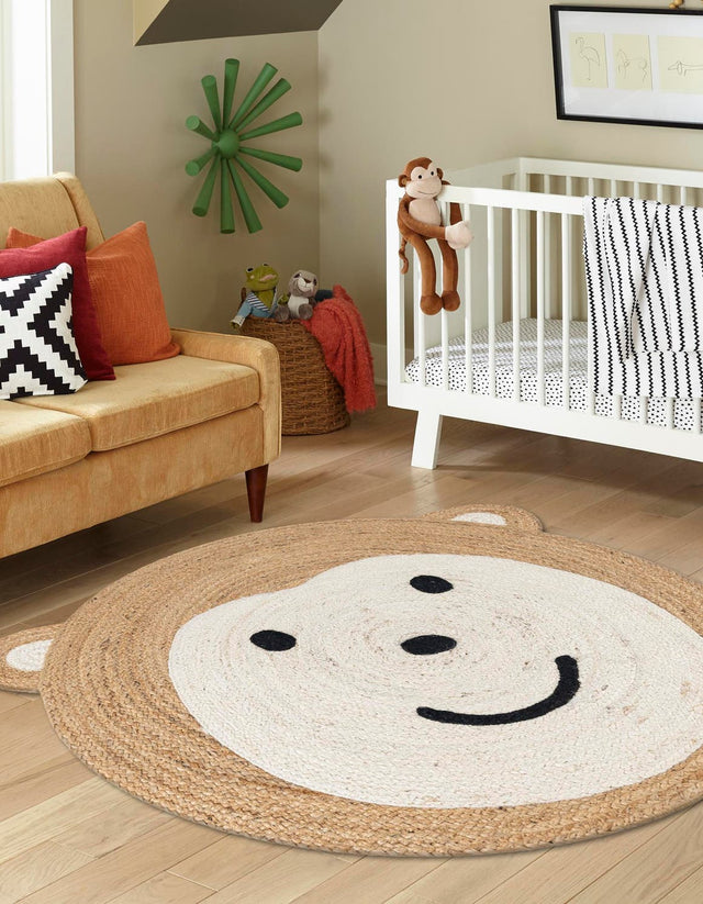 White and Natural 5' 1 x 5' 1 Kids Braided Jute Round Area Rug for Baby Nursery, Toddler Playroom, Bedrooms All Natural Eco-Friendly Sustainable Carpet for Sale at Rug Engine