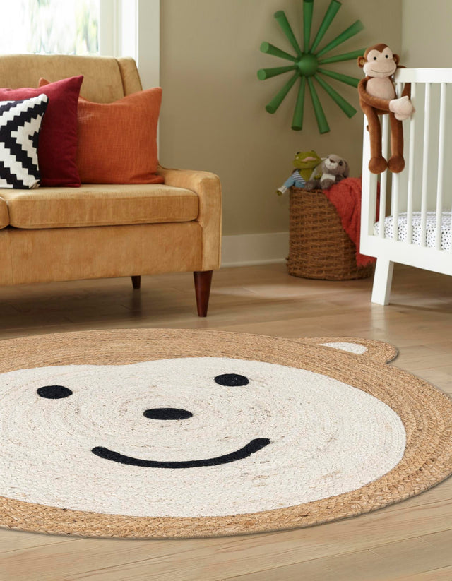 White and Natural 7' 10 x 7' 10 Kids Braided Jute Round Area Rug for Baby Nursery, Toddler Playroom, Bedrooms All Natural Eco-Friendly Sustainable Carpet for Sale at Rug Engine
