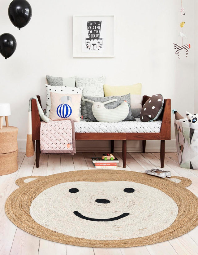 White and Natural 7' 10 x 7' 10 Kids Braided Jute Round Area Rug for Baby Nursery, Toddler Playroom, Bedrooms All Natural Eco-Friendly Sustainable Carpet for Sale at Rug Engine