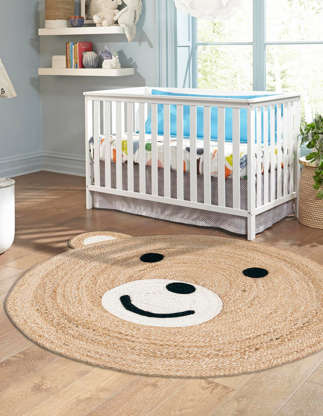 Natural and White 7' 10 x 7' 10 Kids Braided Jute Round Area Rug for Baby Nursery, Toddler Playroom, Bedrooms All Natural Eco-Friendly Sustainable Carpet for Sale at Rug Engine