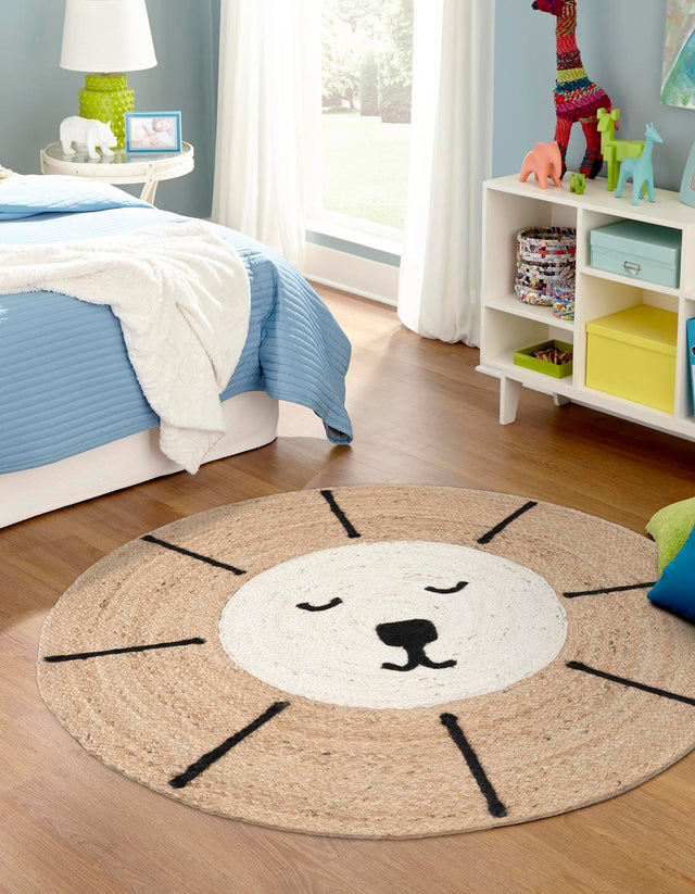 Natural and Ivory 7' 10 x 7' 10 Kids Braided Jute Round Area Rug for Baby Nursery, Toddler Playroom, Bedrooms All Natural Eco-Friendly Sustainable Carpet for Sale at Rug Engine