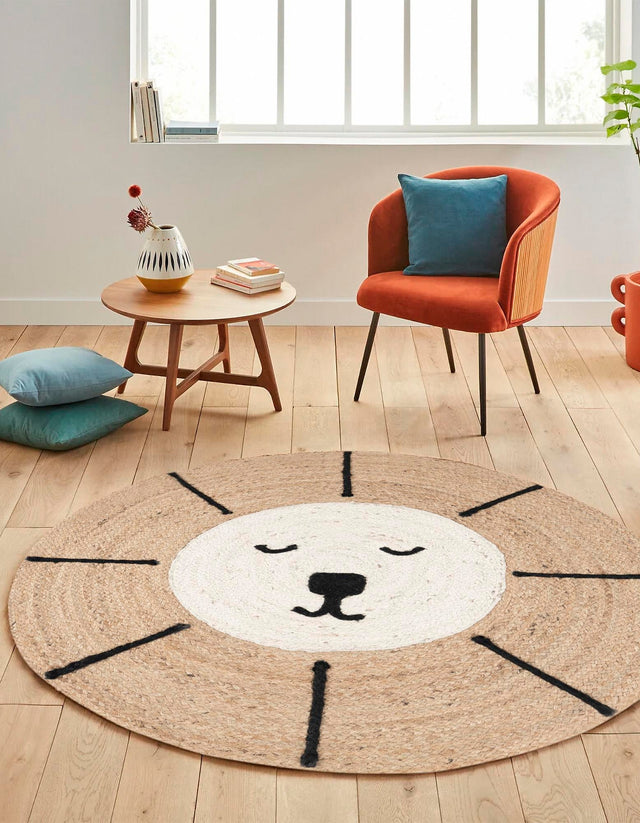 Natural and Ivory 5' 1 x 5' 1 Kids Braided Jute Round Area Rug for Baby Nursery, Toddler Playroom, Bedrooms All Natural Eco-Friendly Sustainable Carpet for Sale at Rug Engine
