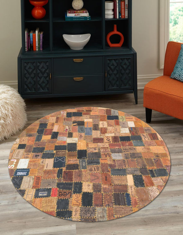 Black and Brown 3' 1 x 3' 1 Jean Leather Tag Round Area Rug Unique Modern Carpet With Cotton Backing for Living Rooms, Dining, Office, Bedrooms, Dorms for Sale at Rug Engine