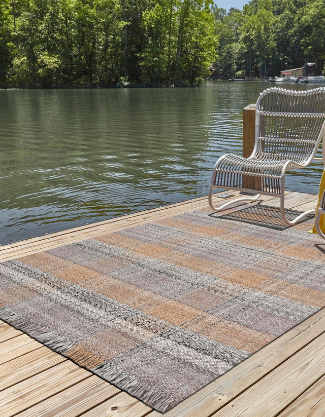 Washable Desert Gray 5' 1 x 8' Eco Plaid Indoor Outdoor Washable Rectangle Area Rug Easy to Clean Stain Resistant & Durable Weather Resistant for Patio, Deck, Terrace, Balcony, Porch 100% Recycled Plastic Bottles Carpet Mat for Sale at Rug Engine