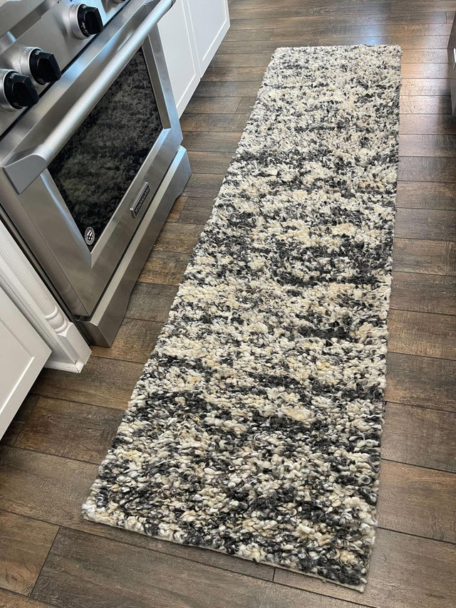 Salt and Pepper 2' x 4' 1 Haka Deluxe Shag Runner Area Rug Thick Soft Touch Fluffy & Plush Shaggy Pile Hand Woven New Zealand Wool Carpet for Sale at Rug Engine