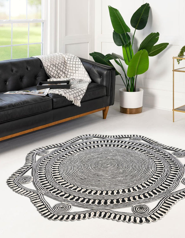Black and White 5' 1 x 5' 1 Braided Jute Round Area Rug 100% Jute Hand Braided Natural Eco-Friendly Boho Style Carpet for Living Rooms Dining Office Space Dorms for Sale at Rug Engine