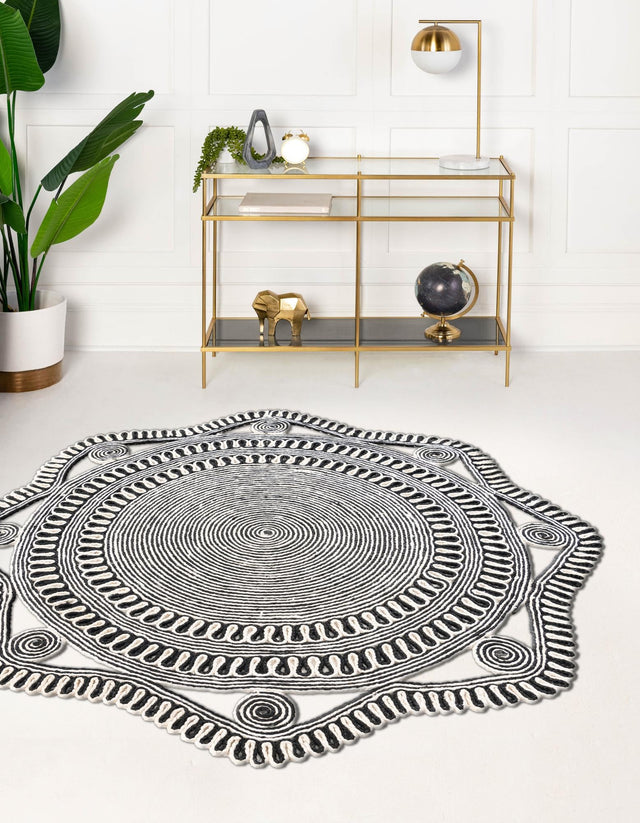 Black and White 4' 1 x 4' 1 Braided Jute Round Area Rug 100% Jute Hand Braided Natural Eco-Friendly Boho Style Carpet for Living Rooms Dining Office Space Dorms for Sale at Rug Engine