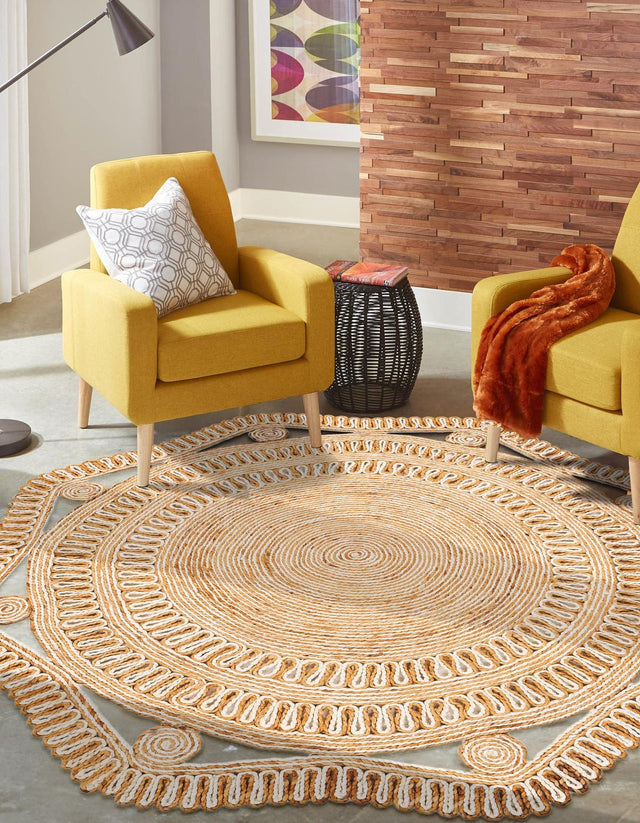 Natural and White 4' 1 x 4' 1 Braided Jute Round Area Rug 100% Jute Hand Braided Natural Eco-Friendly Boho Style Carpet for Living Rooms Dining Office Space Dorms for Sale at Rug Engine