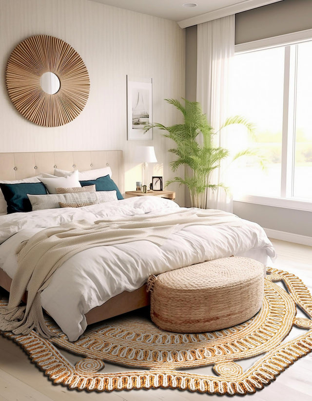Natural and White 5' 1 x 5' 1 Braided Jute Round Area Rug 100% Jute Hand Braided Natural Eco-Friendly Boho Style Carpet for Living Rooms Dining Office Space Dorms for Sale at Rug Engine