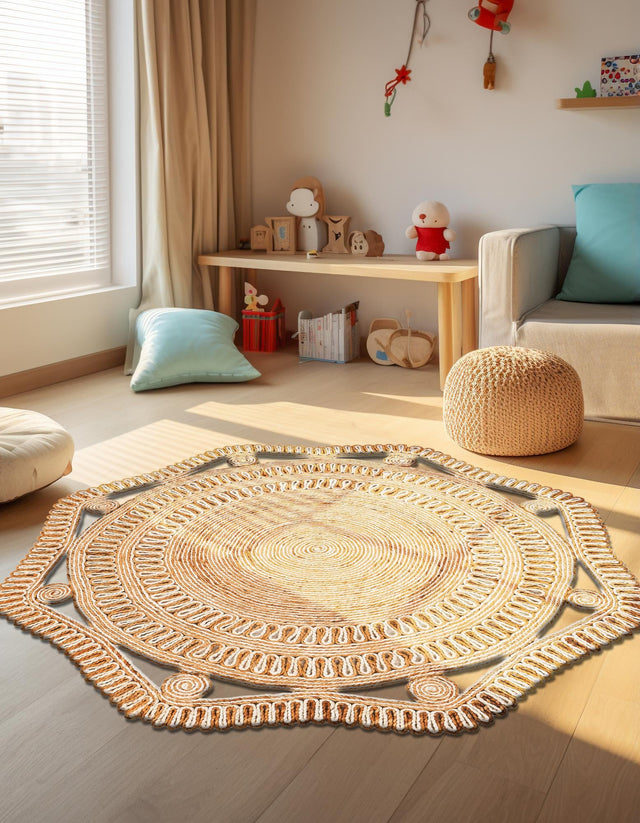 Natural and White 3' 1 x 3' 1 Braided Jute Round Area Rug 100% Jute Hand Braided Natural Eco-Friendly Boho Style Carpet for Living Rooms Dining Office Space Dorms for Sale at Rug Engine