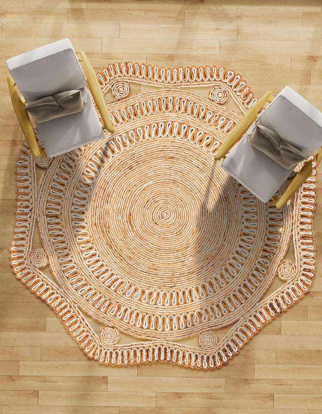 Natural and White 6' 1 x 6' 1 Braided Jute Round Area Rug 100% Jute Hand Braided Natural Eco-Friendly Boho Style Carpet for Living Rooms Dining Office Space Dorms for Sale at Rug Engine