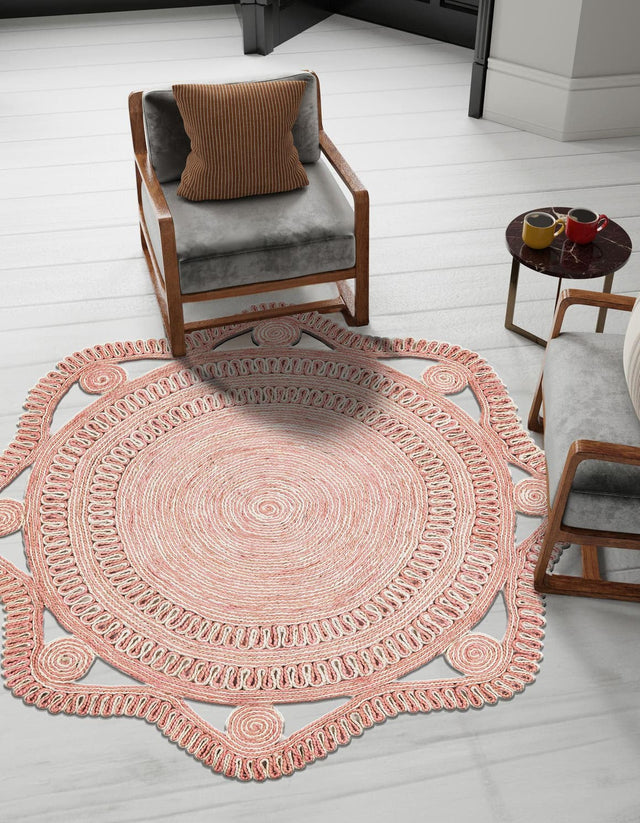 Pink and White 5' 1 x 5' 1 Braided Jute Round Area Rug 100% Jute Hand Braided Natural Eco-Friendly Boho Style Carpet for Living Rooms Dining Office Space Dorms for Sale at Rug Engine