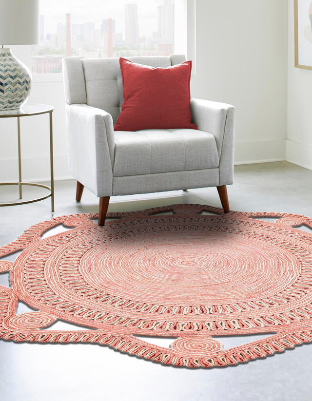 Pink and White 6' 1 x 6' 1 Braided Jute Round Area Rug 100% Jute Hand Braided Natural Eco-Friendly Boho Style Carpet for Living Rooms Dining Office Space Dorms for Sale at Rug Engine