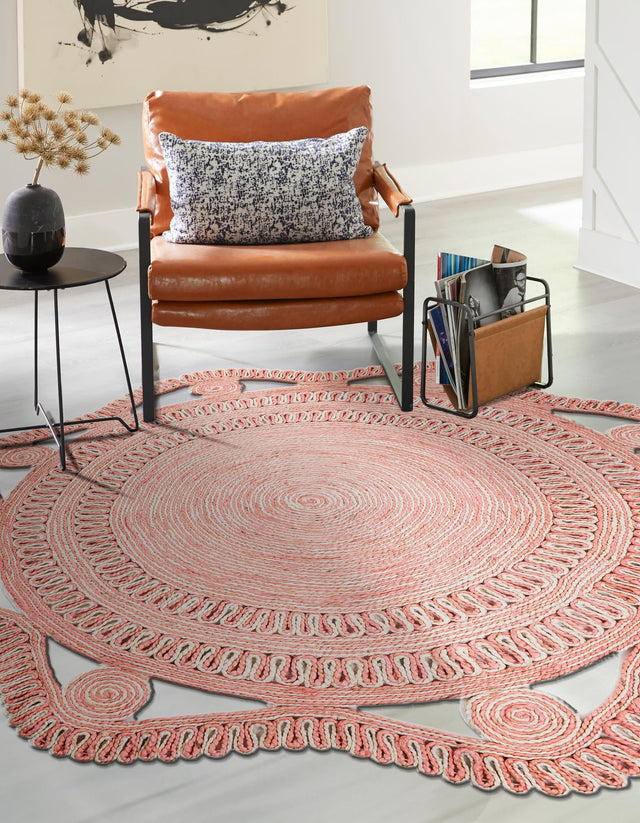 Pink and White 4' 1 x 4' 1 Braided Jute Round Area Rug 100% Jute Hand Braided Natural Eco-Friendly Boho Style Carpet for Living Rooms Dining Office Space Dorms for Sale at Rug Engine