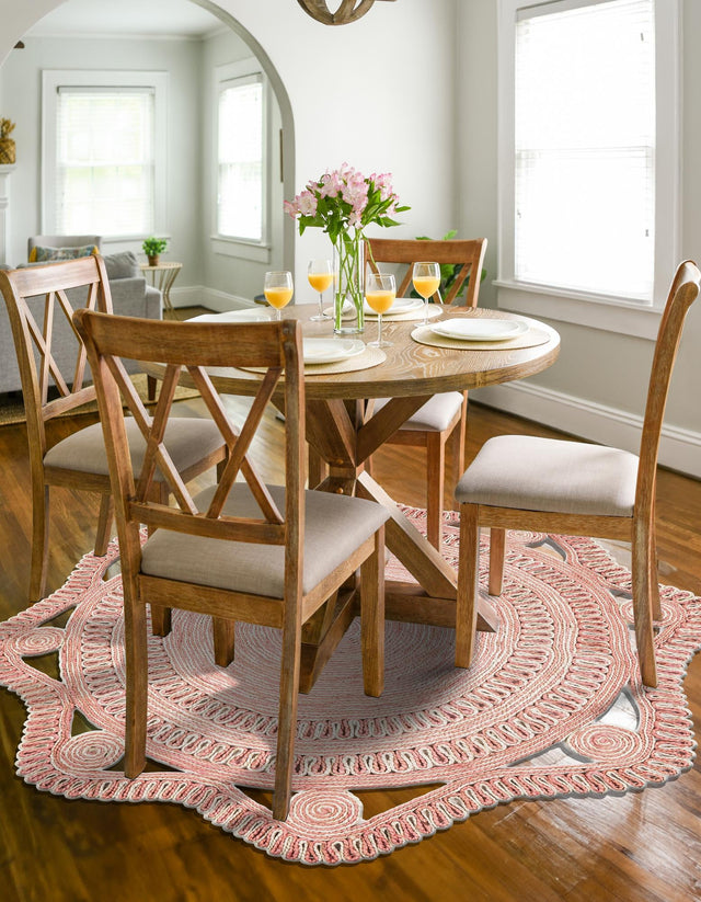 Pink and White 4' 1 x 4' 1 Braided Jute Round Area Rug 100% Jute Hand Braided Natural Eco-Friendly Boho Style Carpet for Living Rooms Dining Office Space Dorms for Sale at Rug Engine