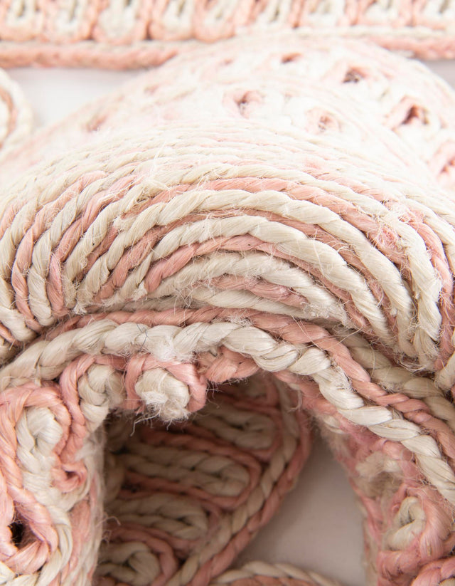 Pink and White 7' 10 x 7' 10 Braided Jute Round Area Rug 100% Jute Hand Braided Natural Eco-Friendly Boho Style Carpet for Living Rooms Dining Office Space Dorms for Sale at Rug Engine