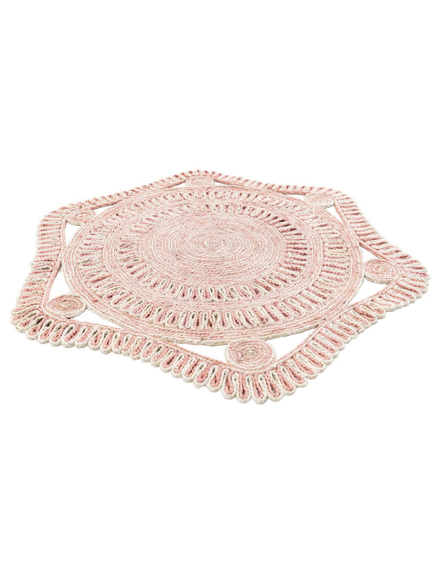 Pink and White 4' 1 x 4' 1 Braided Jute Round Area Rug 100% Jute Hand Braided Natural Eco-Friendly Boho Style Carpet for Living Rooms Dining Office Space Dorms for Sale at Rug Engine