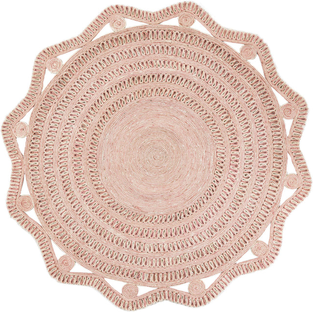 Pink and White 7' 10 x 7' 10 Braided Jute Round Area Rug 100% Jute Hand Braided Natural Eco-Friendly Boho Style Carpet for Living Rooms Dining Office Space Dorms for Sale at Rug Engine