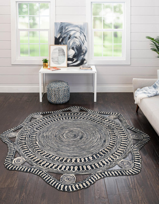 Navy and White 2' x 2' Braided Jute Round Area Rug 100% Jute Hand Braided Natural Eco-Friendly Boho Style Carpet for Living Rooms Dining Office Space Dorms for Sale at Rug Engine