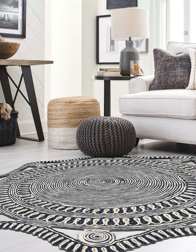 Navy and White 2' x 2' Braided Jute Round Area Rug 100% Jute Hand Braided Natural Eco-Friendly Boho Style Carpet for Living Rooms Dining Office Space Dorms for Sale at Rug Engine