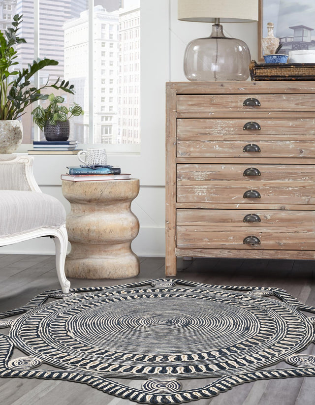 Navy and White 7' 10 x 7' 10 Braided Jute Round Area Rug 100% Jute Hand Braided Natural Eco-Friendly Boho Style Carpet for Living Rooms Dining Office Space Dorms for Sale at Rug Engine